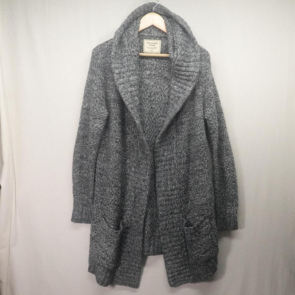 Abercrombie & Fitch Cardigan Sweater Womens Medium Gray Hooded Open Knit Cozy